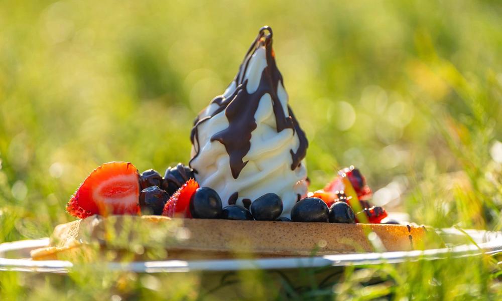 Belgisk vaffel med iskrem, sjokoladesaus jordbær og blåbær fra Vafleriet. Foto: Mira Wickman