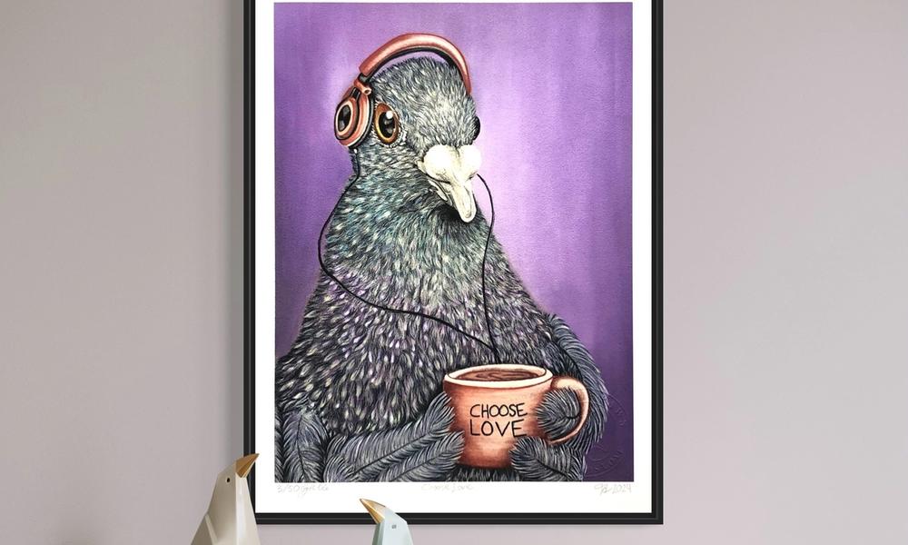 En illustrasjon av due som holder en kopp.