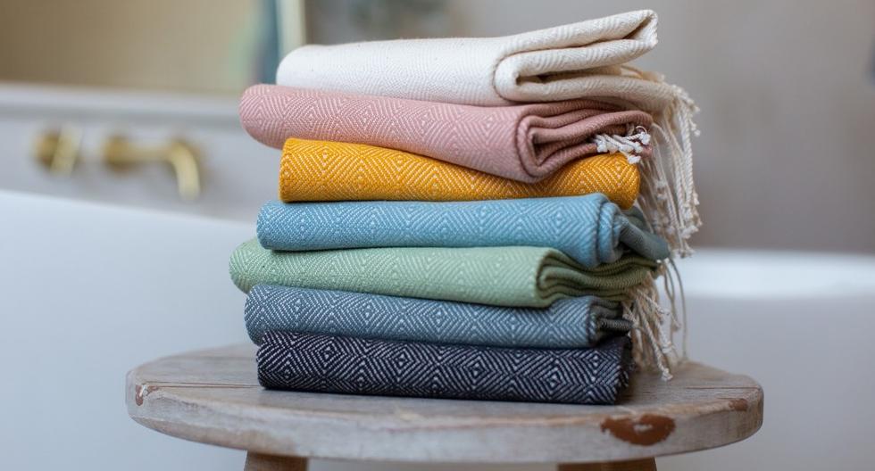 Bilde av håndvevde tekstiler i forskjellige farger på en krakk. 