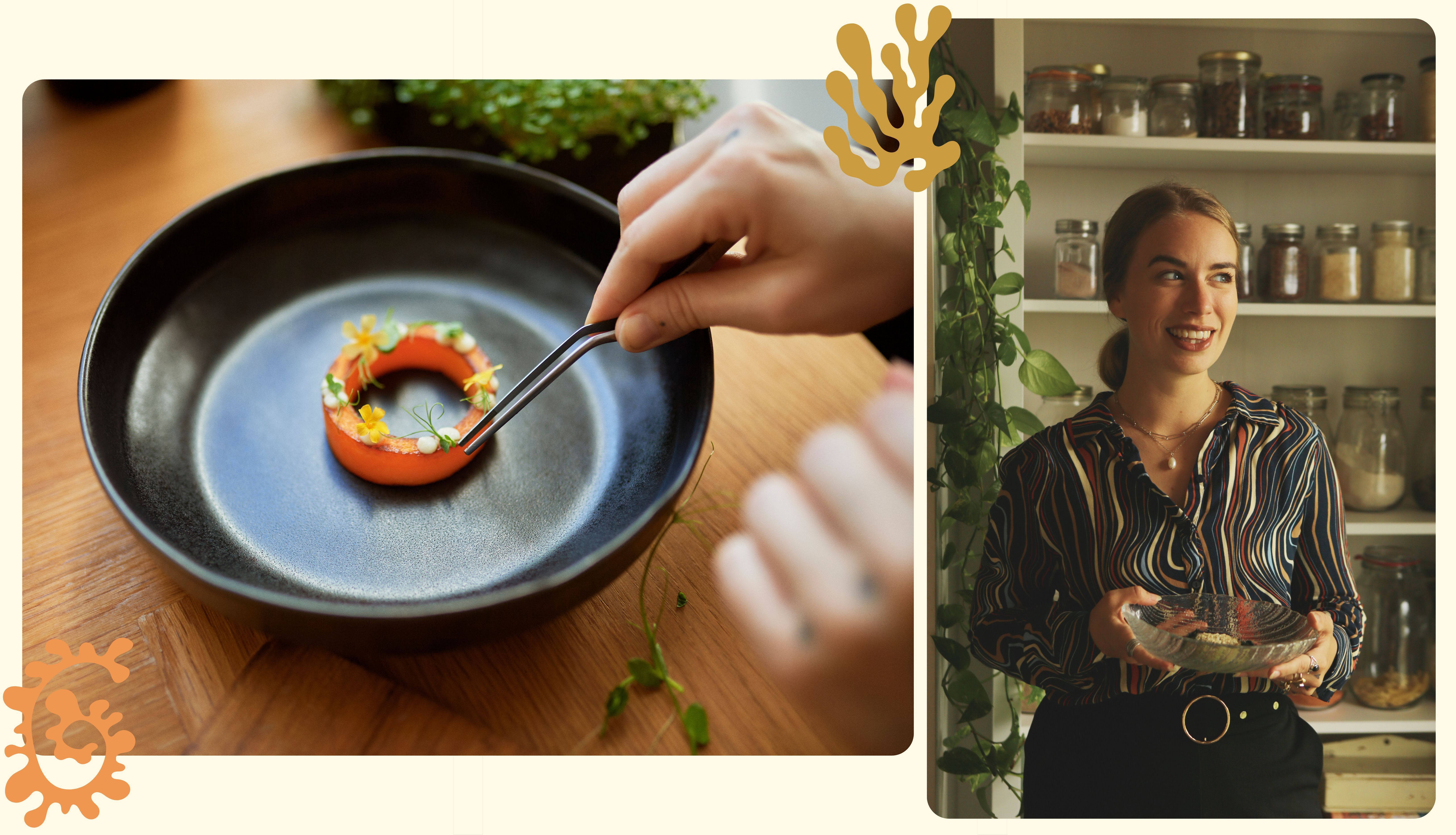 Grafikk med en tallerken med gourmetmat og bilde av Gittemarie Johansen