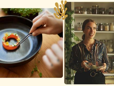 Grafikk med en tallerken med gourmetmat og bilde av Gittemarie Johansen