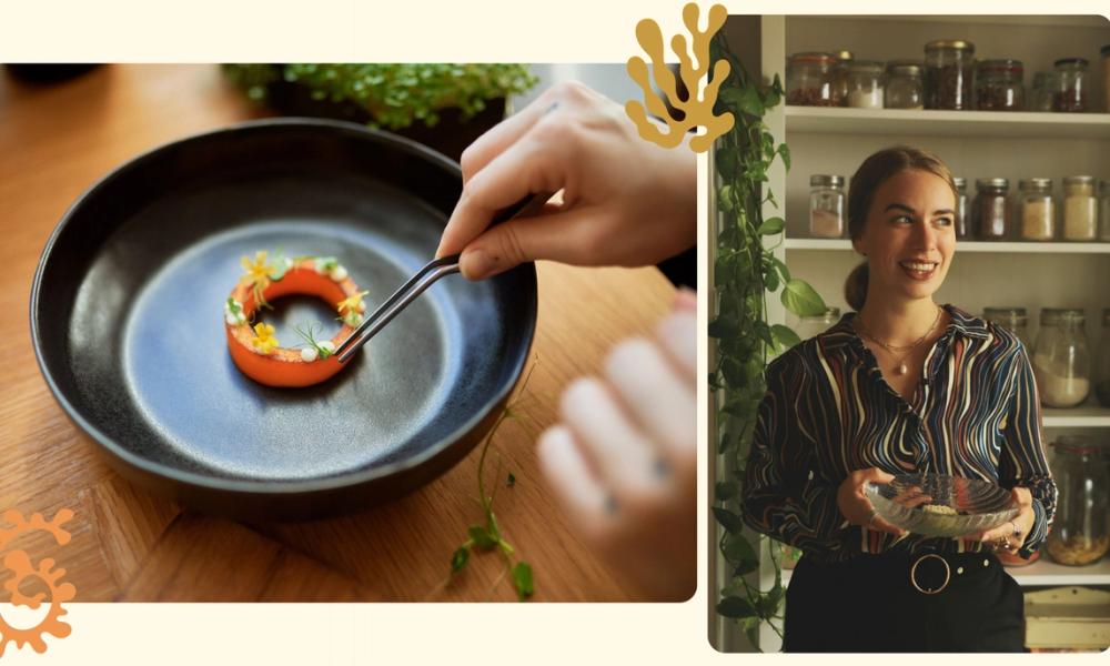 Grafikk med en tallerken med gourmetmat og bilde av Gittemarie Johansen