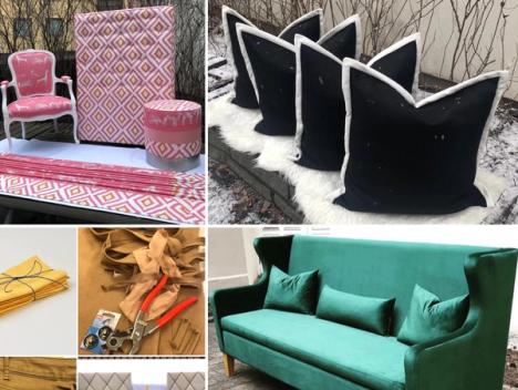 Collage av forskjellige produkter; en sofa med nytt grønt trekk, skreddersydde puter, tapetserte møbler, og redskap til tapetsering. 