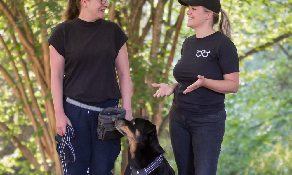 To kvinner snakker sammen og det står en hund imellom dem