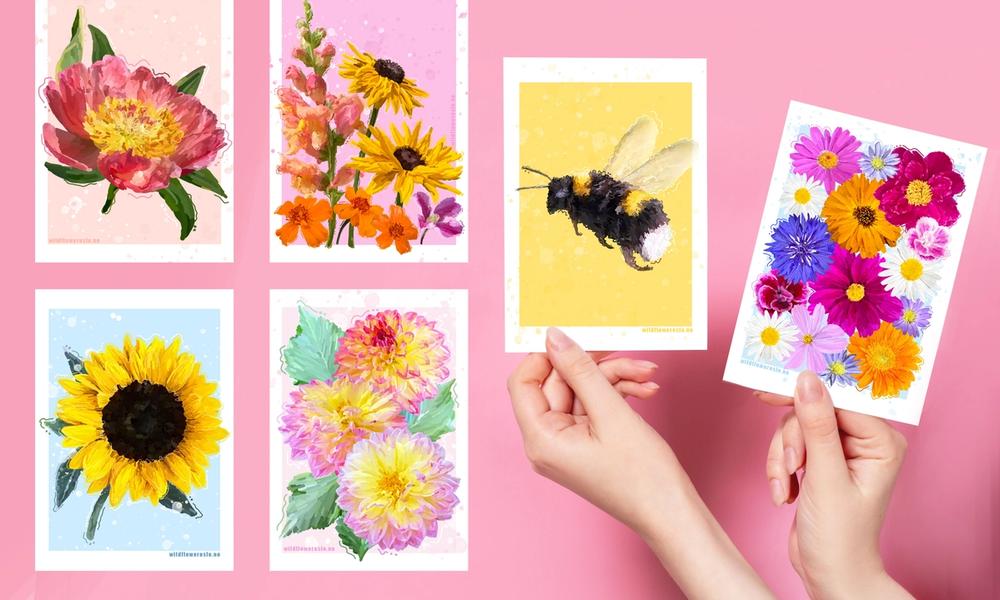 10 forskjellige fargerike postkort med blomster- og insektmotiver, med en fargerik bakgrund 