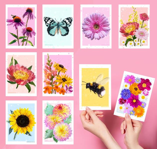 10 forskjellige fargerike postkort med blomster- og insektmotiver, med en fargerik bakgrund 