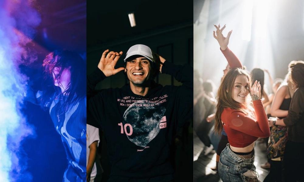 3 bilder, to med kvinner på rave, og Cengiz Al i midten