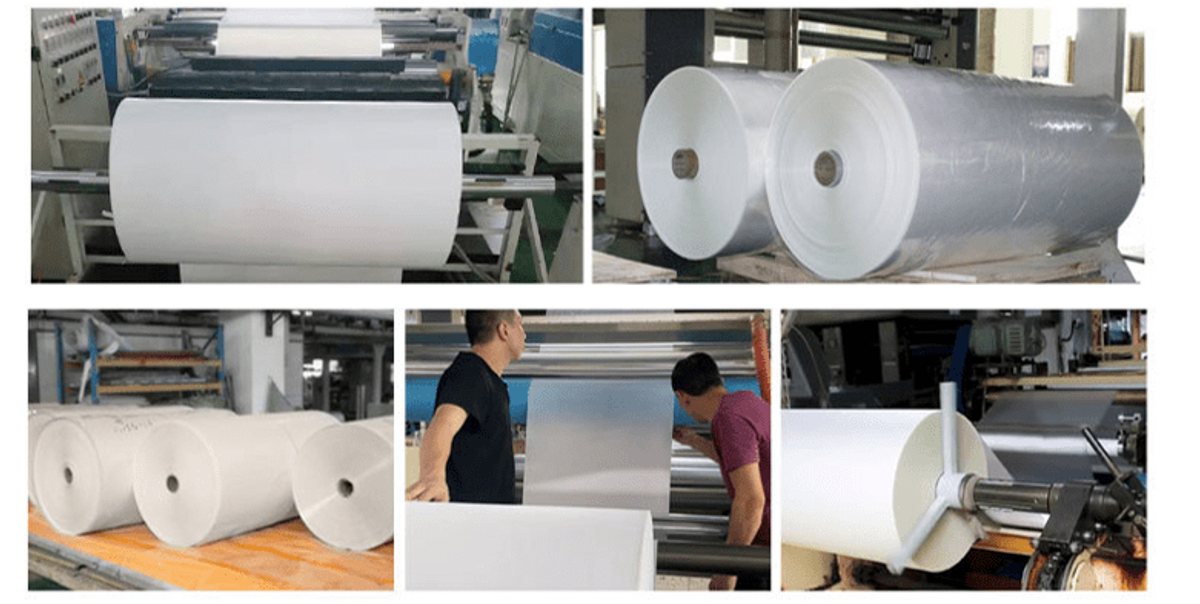 Industrial factory production line manufacturing large master rolls of PET release film for heat transfer printing
