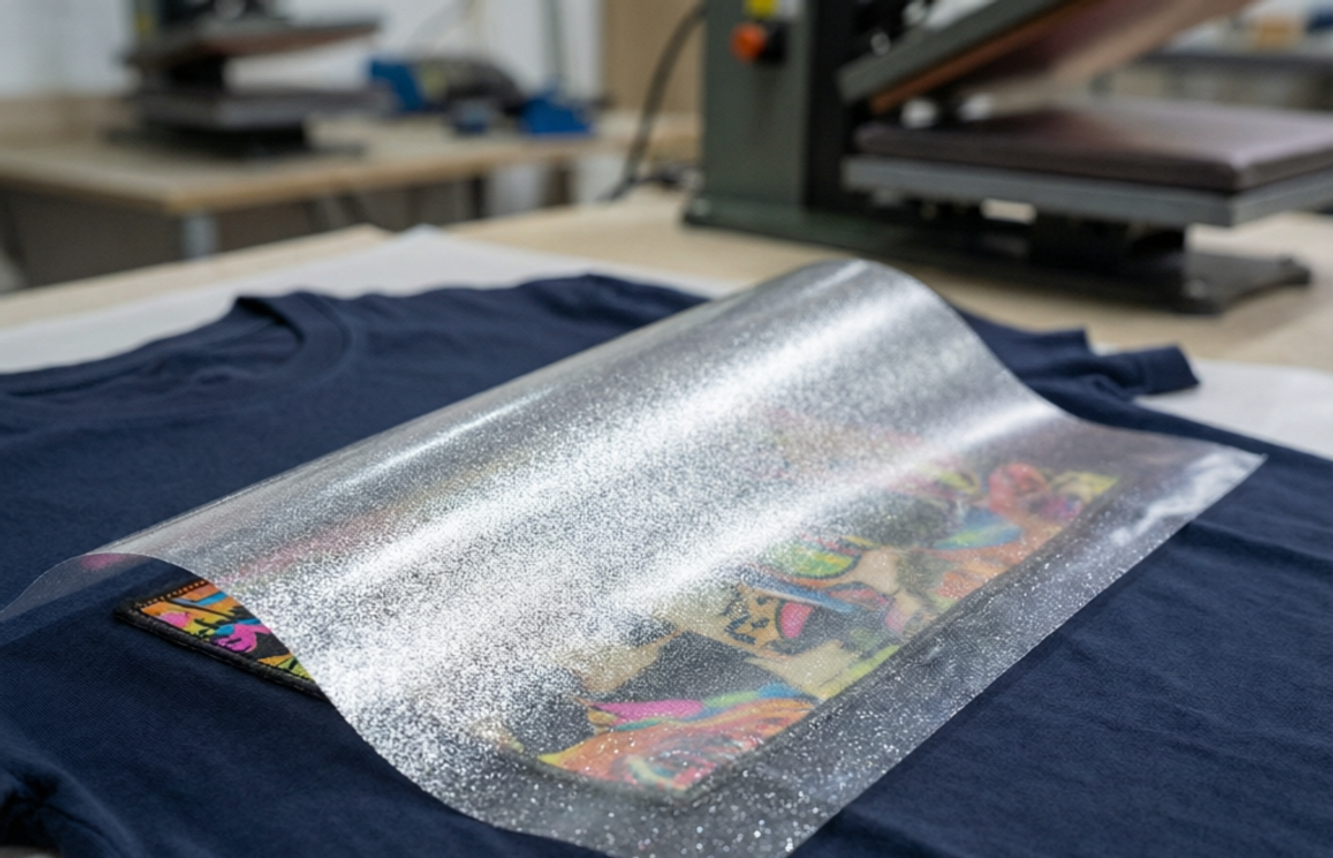 Macro photo of glitter DTF film with metallic flecks, held over a printed navy t-shirt.