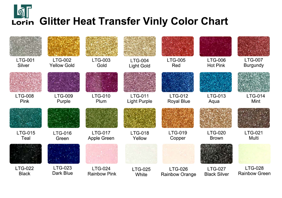 Lorin glitter heat transfer vinyl color chart showing full sparkling color options for wholesale