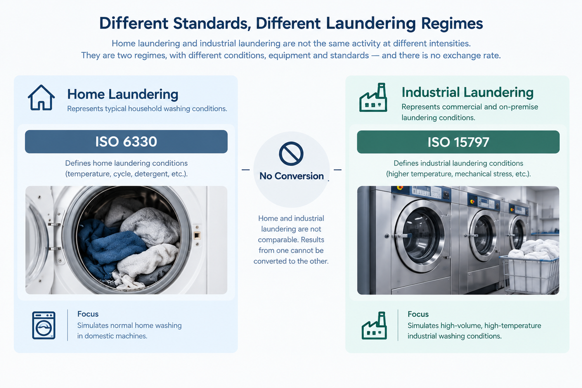 Diagram comparing home laundering and industrial laundering as two separate, non-convertible regimes