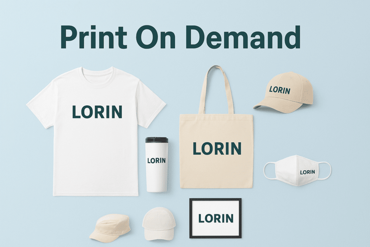 Print on demand custom merchandise including a t-shirt, tote bag, tumbler, and cap displaying low MOQ solutions for startups
