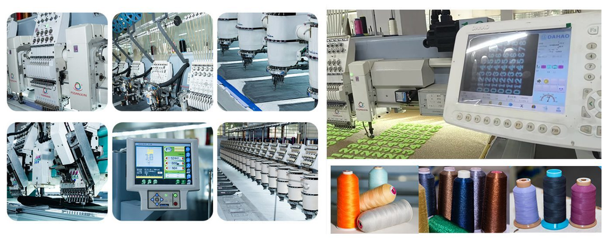 Custom chenille patches factory production line with multi-head embroidery machines, computerized control panels, and high-quality embroidery threads
