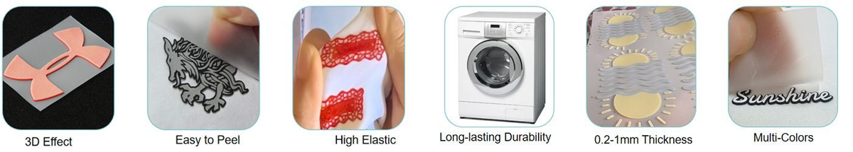 Key features of 3D silicone heat transfer labels including 3D effect, easy peel, high elasticity, wash durability, custom thickness, and multi-colors