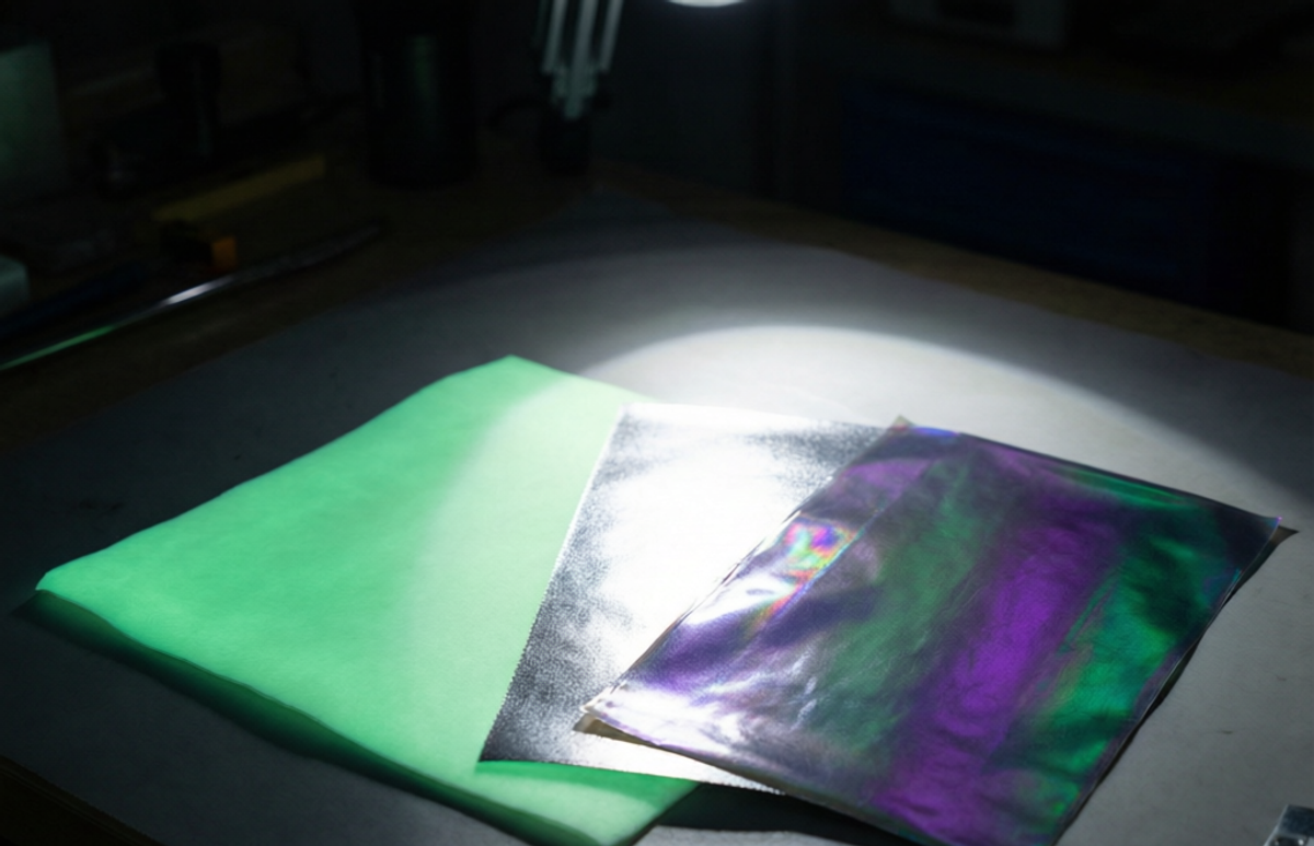 Glow-in-the-dark, reflective, and chameleon color-shift DTF film samples glowing under a spotlight on a dark workbench.