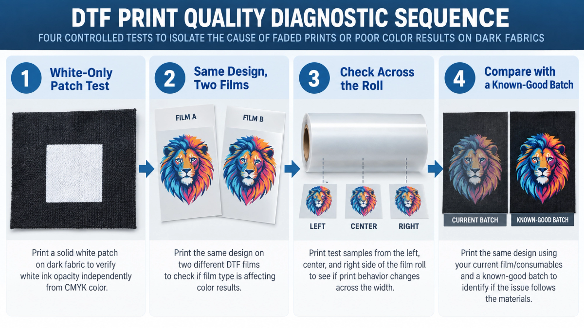 Four controlled tests to isolate the cause of faded DTF prints on dark fabrics