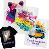 Custom iron on heat transfers and printed t-shirt mockup showing custom design placement
