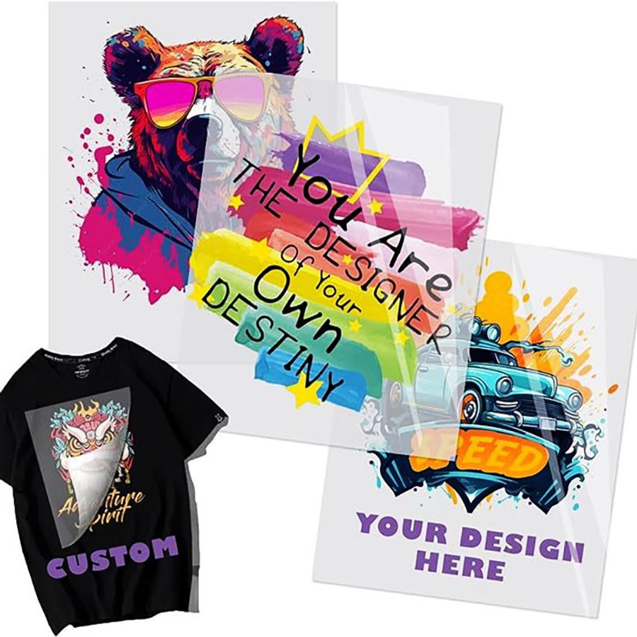Custom iron on heat transfers and printed t-shirt mockup showing custom design placement