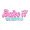 Custom pink and mint green "Bake it ON WHEELS" chenille iron-on patch for apparel and bags