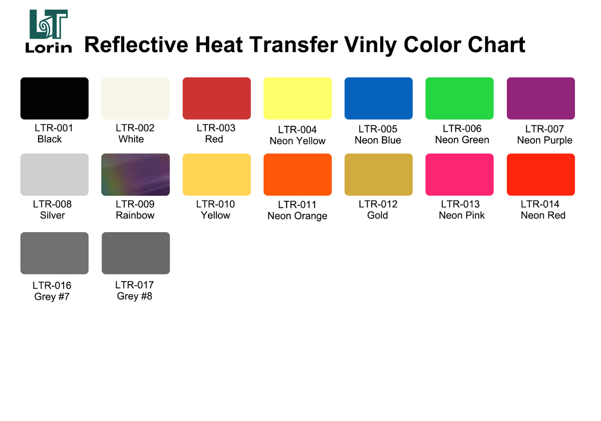 Lorin reflective heat transfer vinyl color chart showing standard, neon, rainbow, and metallic color swatches