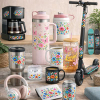 Custom floral UV DTF transfer stickers applied on tumblers, coffee cups, coffee machines, headphones, and electric scooters