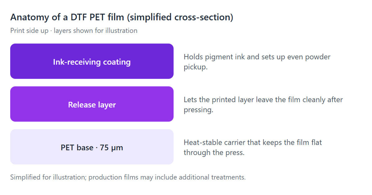 Simplified cross-section diagram of DTF PET film showing the ink-receiving coating, release layer and PET base.