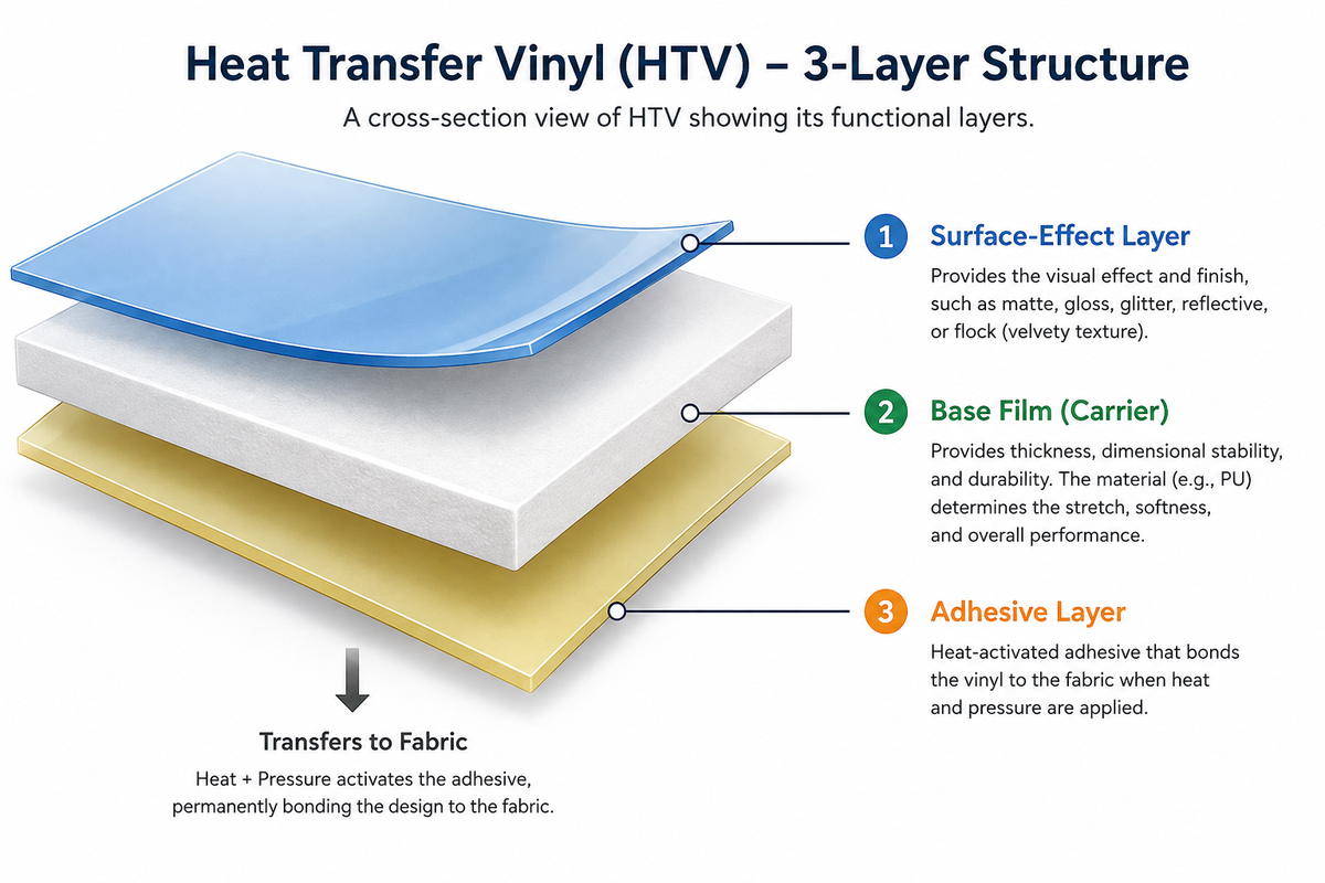Cross-section of heat transfer vinyl showing base film, effect layer, and adhesive
