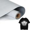 Light grey reflective heat transfer vinyl roll with printed skull logo on black t-shirt
