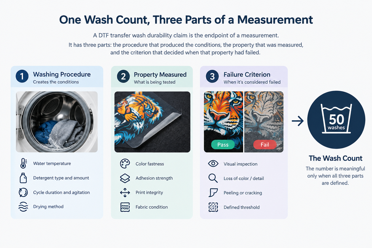 Diagram showing a DTF wash durability claim as the last part of a measurement made of three parts