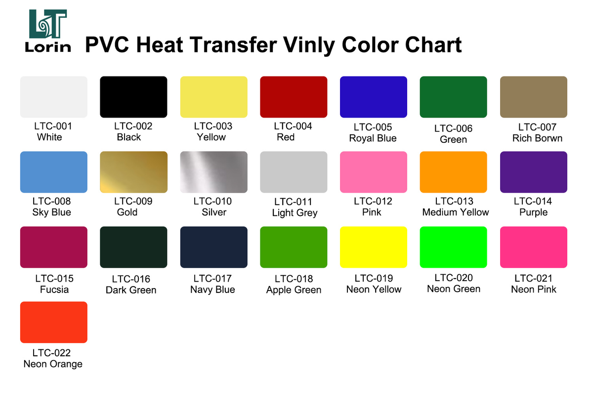 Lorin PVC heat transfer vinyl color chart showing standard, neon, and metallic color options