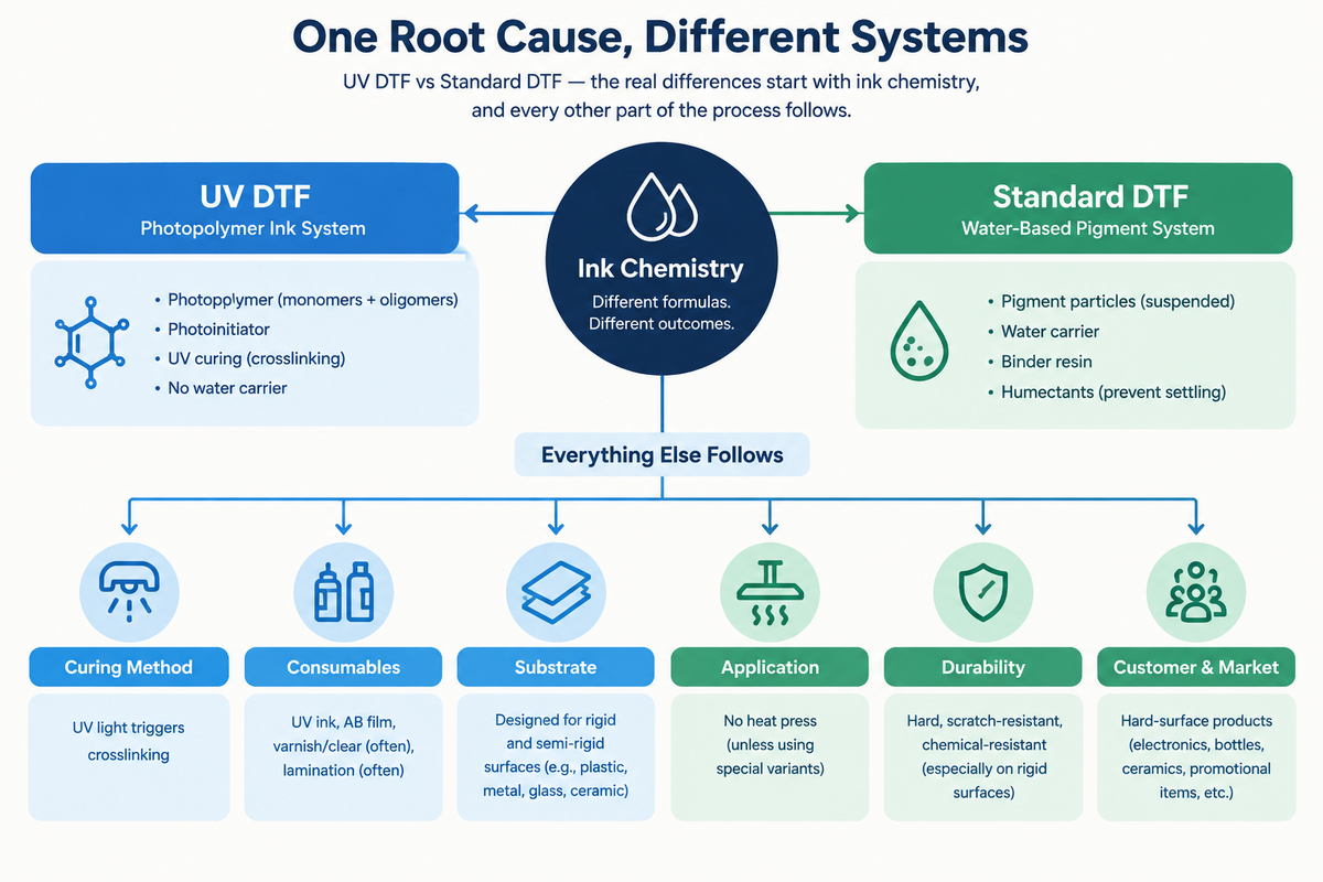 Diagram showing ink chemistry as the single root cause that produces every visible difference between UV DTF and standard DTF