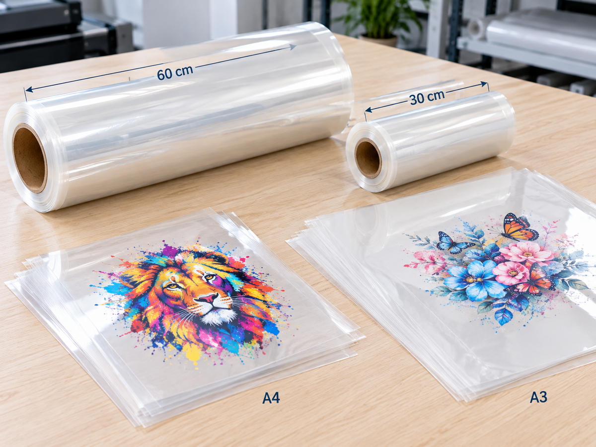 DTF film formats on a light worktable: a 60 cm roll, a 30 cm roll, and stacks of transparent A3 and A4 film sheets.