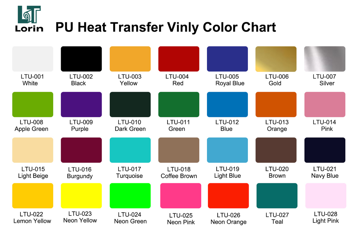 Lorin PU heat transfer vinyl color chart featuring standard, neon, and metallic colors