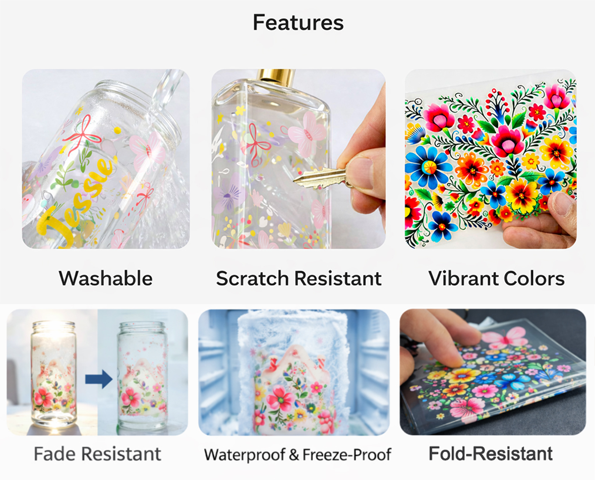 Key features of custom UV DTF cup wraps including washable, scratch resistant, vibrant colors, fade resistant, and freeze-proof