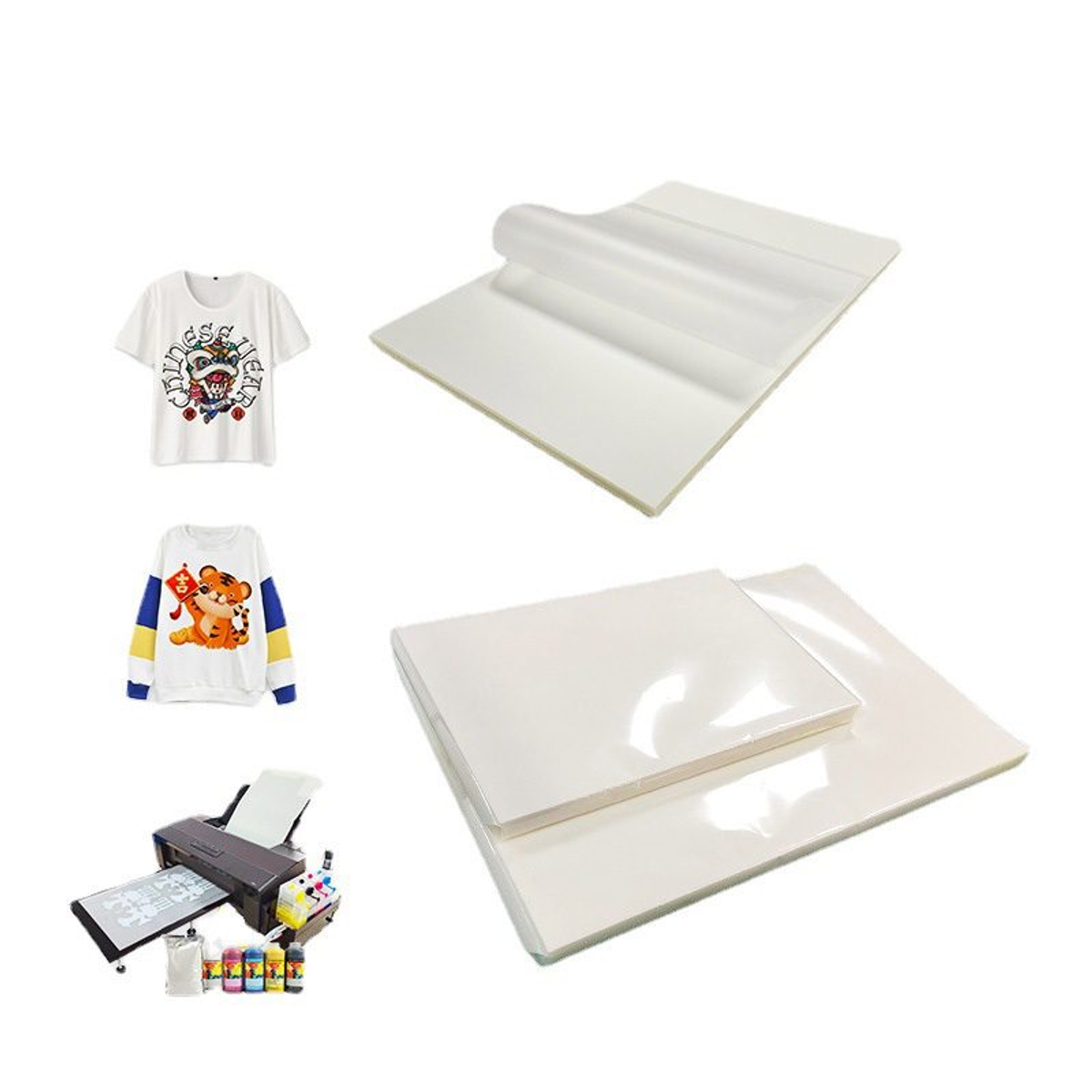 Stack of DTF transfer film sheets displayed alongside a desktop DTF printer and printed custom t-shirts