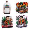 Collection of vibrant graphic custom iron on shirt transfers applied on white t-shirt