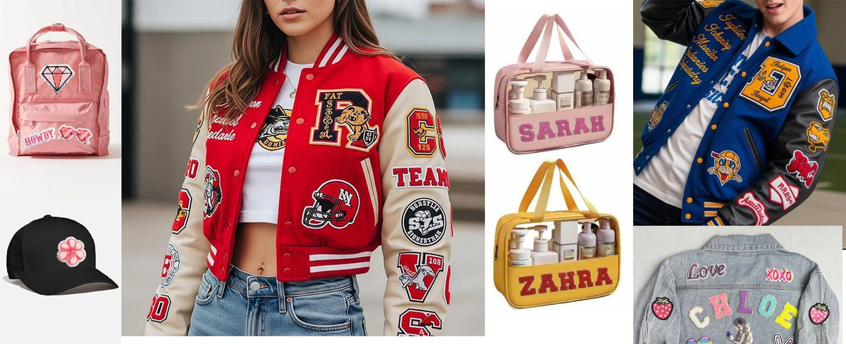 Custom chenille patches applied on varsity letterman jackets, clear makeup bags, backpacks, caps, and denim jackets