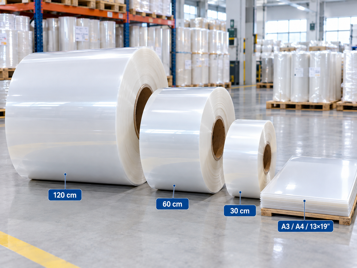 DTF film rolls in 30 cm, 60 cm, and 120 cm widths ready for packing
