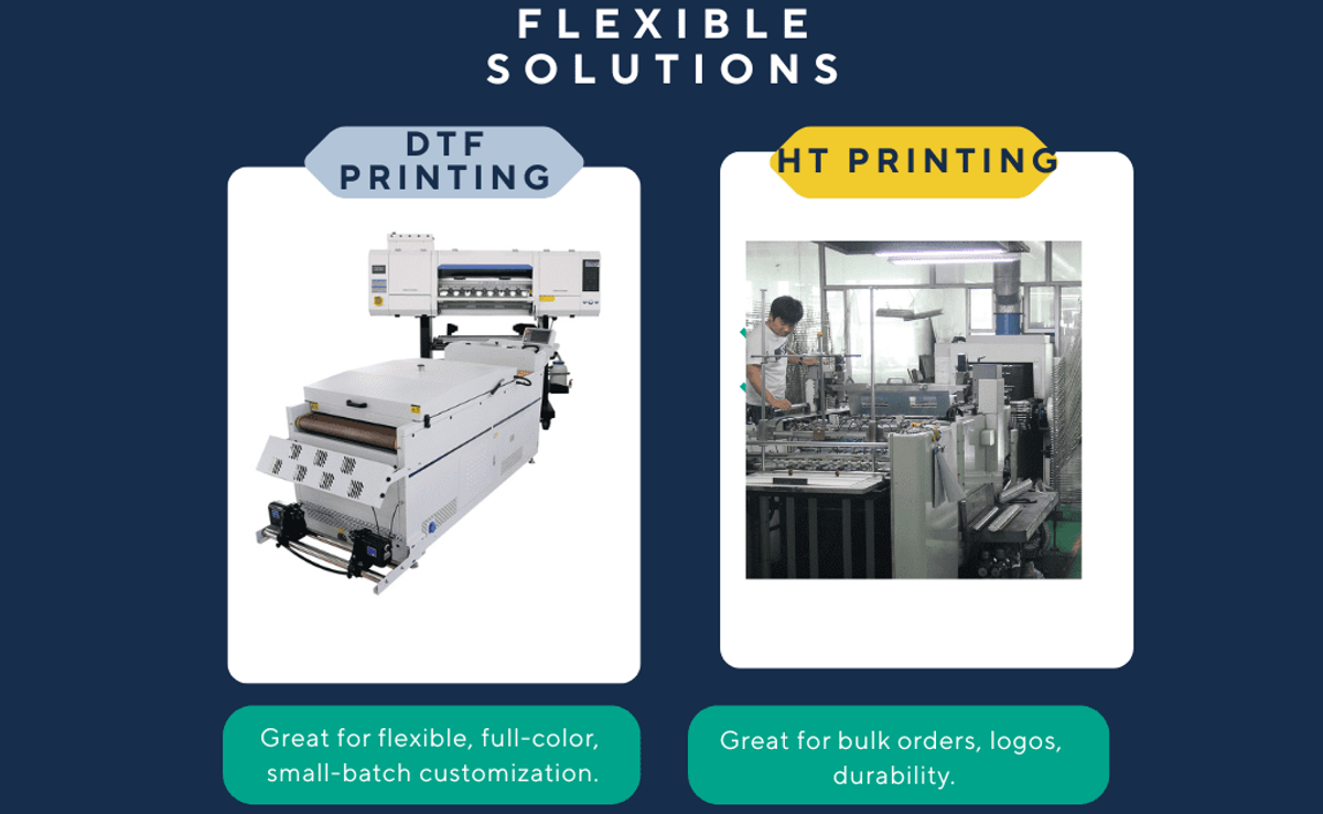 Comparison graphic showing DTF printing machine for small-batch customization versus HT screen printing equipment for bulk orders