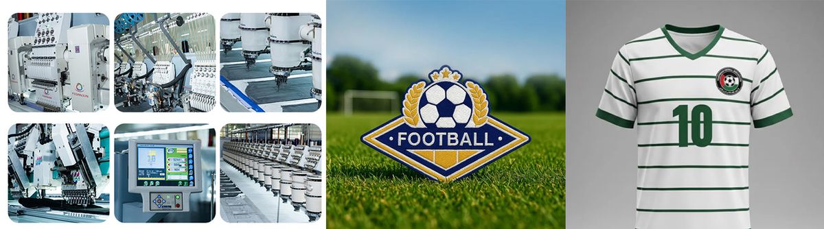 Custom flock patch manufacturing machinery, football badge display, and heat applied jersey mockup