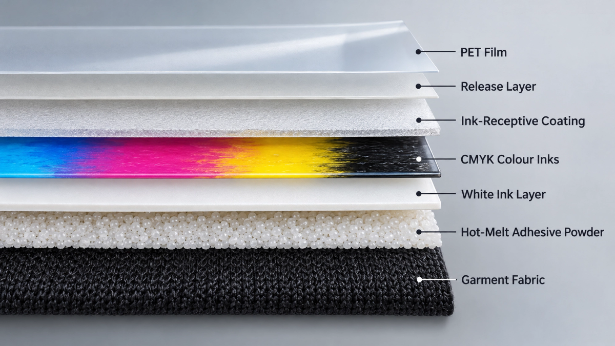 Sezione trasversale di uno stack di stampa DTF durante la pressatura, che mostra lo strato di inchiostro bianco tra l'adesivo hot-melt e gli inchiostri CMYK