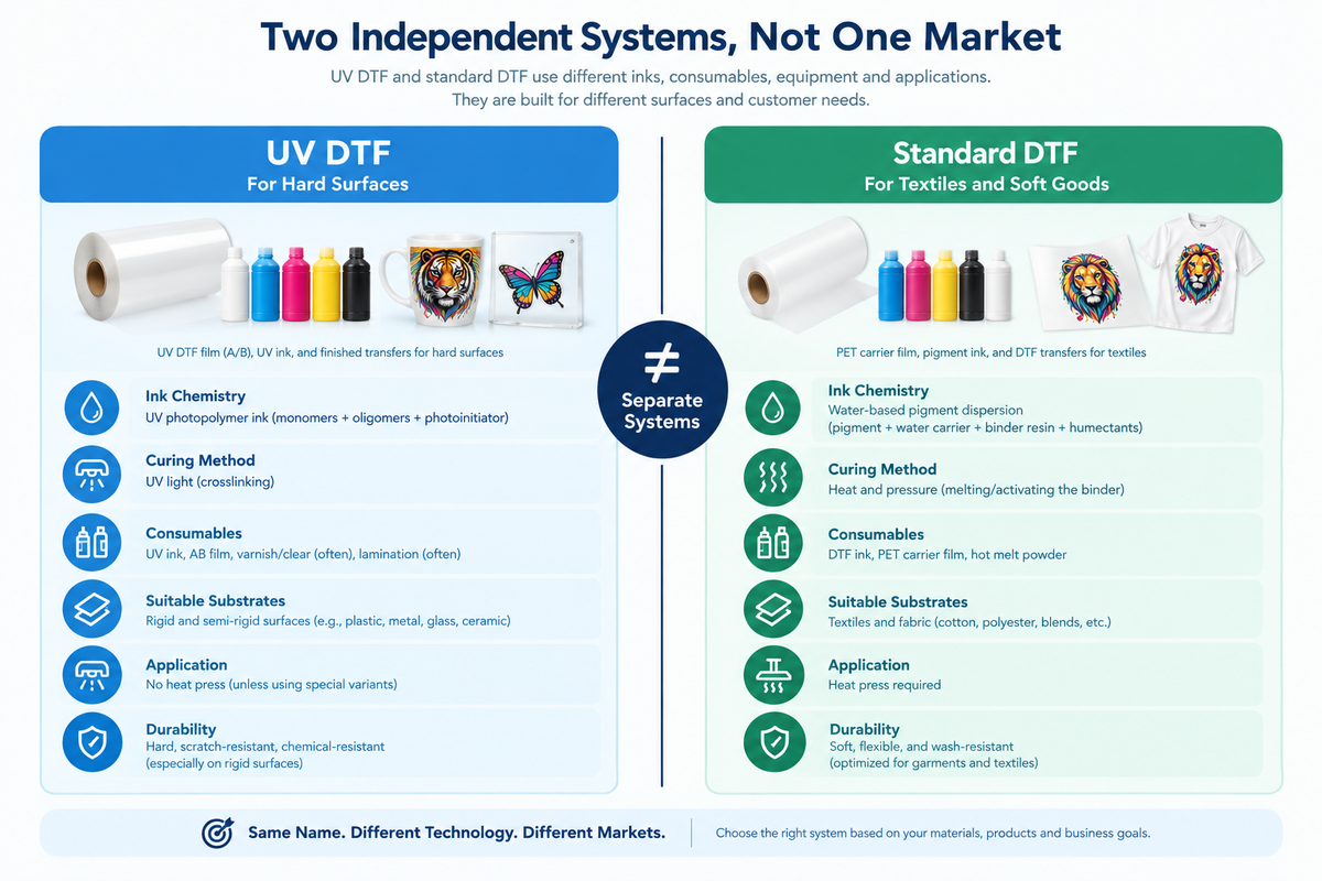 Diagram showing UV DTF and standard DTF as two separate non-convertible production systems serving different substrate classes