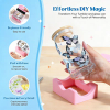 Step-by-step DIY guide applying custom blue butterfly UV DTF wrap on a glass tumbler using a cup cradle