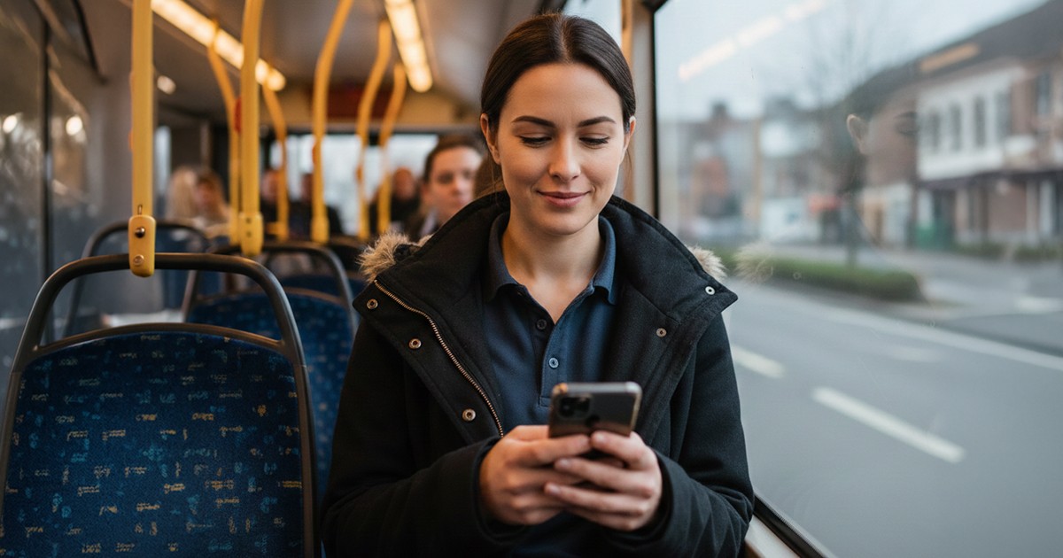 Young woman smiling at her phone on a bus