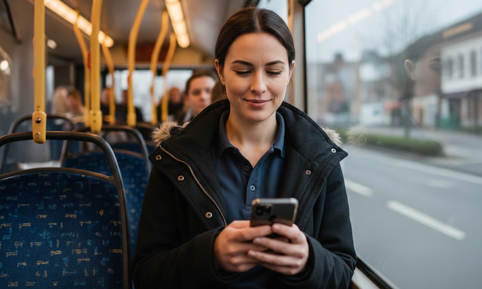 Young woman smiling at her phone on a bus
