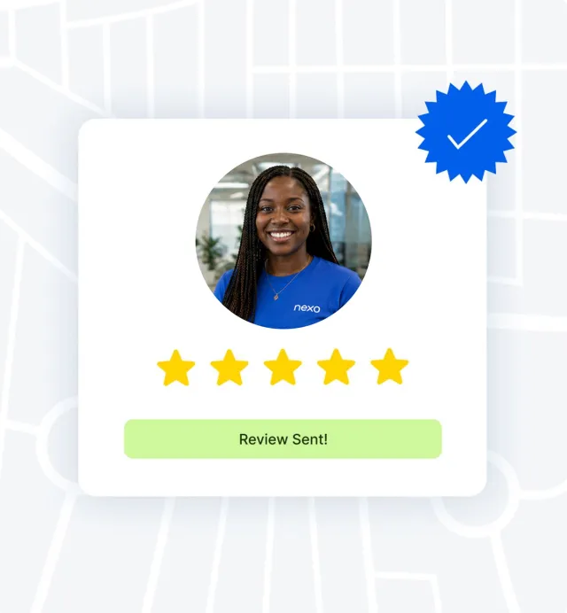 Five-star review card featuring a smiling Nexo support team member