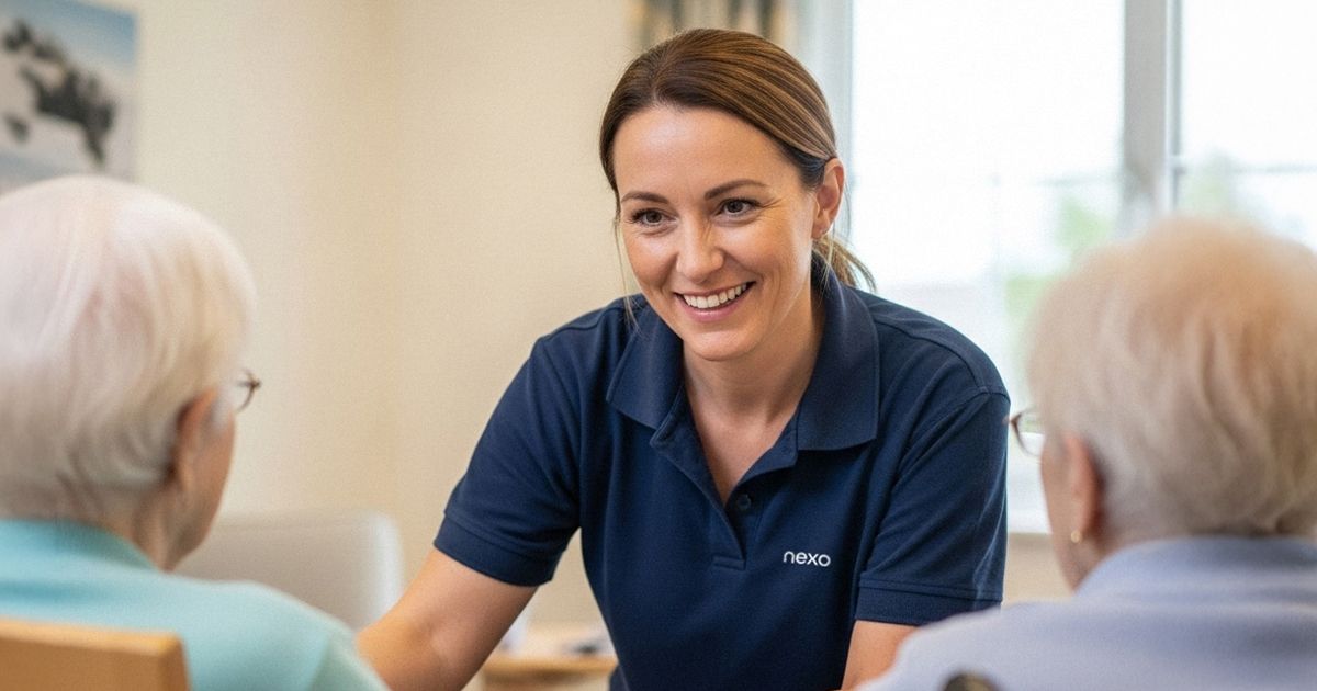 Nexo People carer smiling while talking with elderly residents in a care home