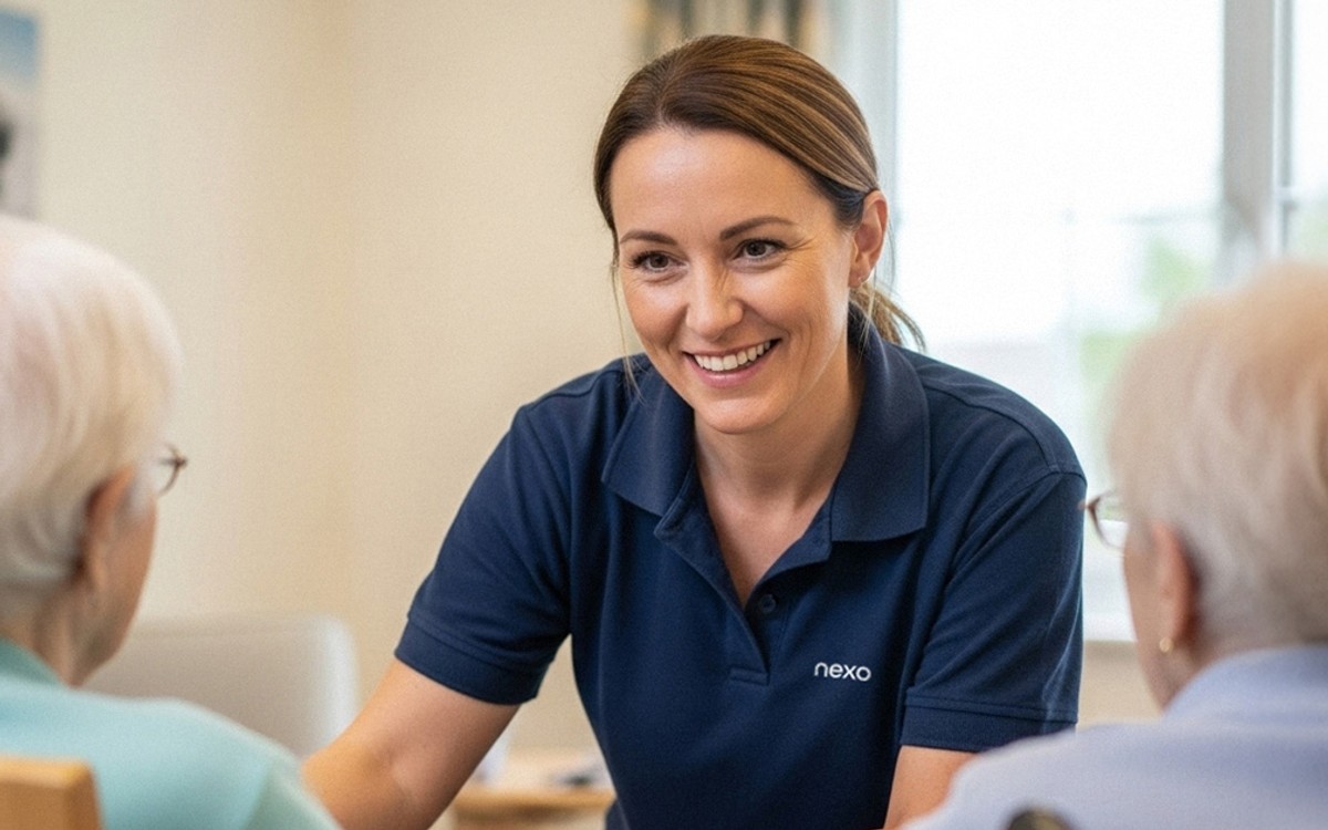 Nexo People carer smiling while talking with elderly residents in a care home