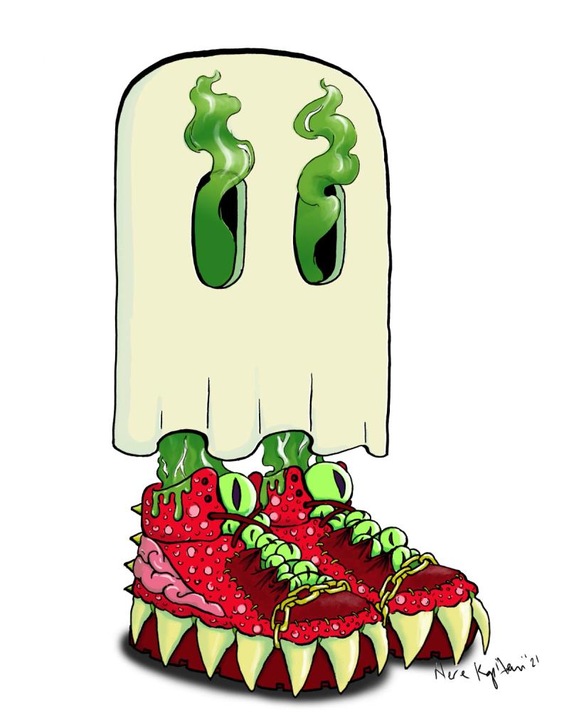 Illustration of red, fleshy monstrous high-top sneakers with multiple green eyes, sharp teeth and covered in boils. Green ectoplasm rises from the sneakers into a floating, ghostly sheet and out of two eyeholes cut out of the sheet.