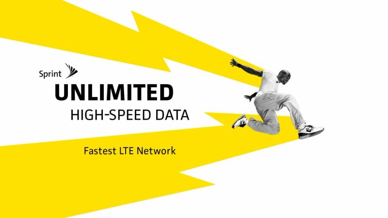 Black and white image of man dynamically jumping across the screen with bright yellow, stylized lightning bolts flowing back from his arms and legs. In the middle of the lightning bolts is text that reads "Sprint: Unlimited High-Speed Data: Fastest LTE Network"